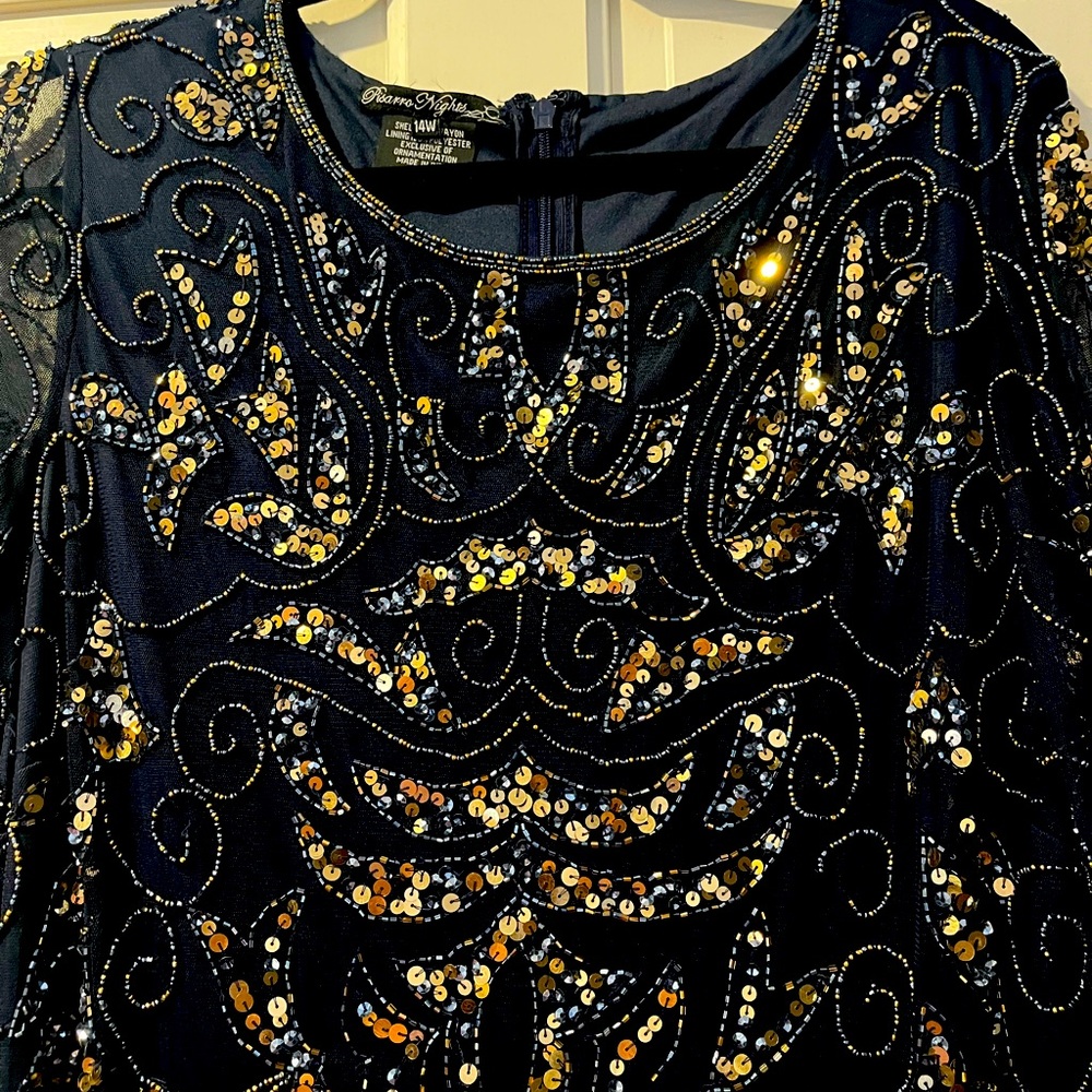 Pisarro Nights sz 14W navy with gold & silver sequins gown.
